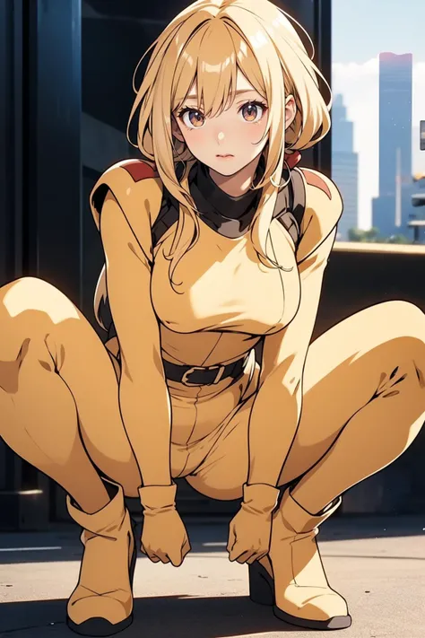 <lora:GoodHands-æbeta2:1>,solo,1girl,cityscape,standing,blonde hair,<lora:0362 gundam victory zanscare pilot suit_v1:1>,ruanyi0362,bodysuit,gloves,belt,full body,squatting cowgirl position,spread legs,yellow bodysuit,armor,, best quality,masterpiece,highres,official art,extremely detailed cg unity 8k wallpaper