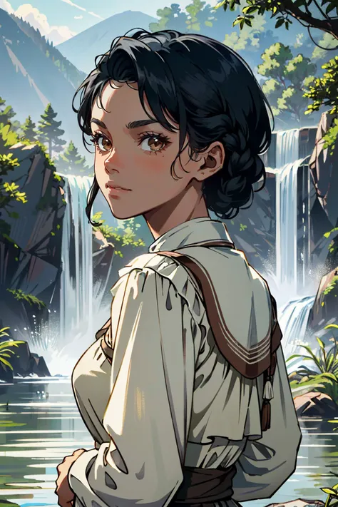 ((ultra detailed, masterpiece, absurdres))
<lora:RDR2Tilly:0.8>
RDR2Tilly, 1girl, dark skin, brown eyes, short hair, black hair, looking at viewer,portrait, in front of hidden mountain waterfall, morning, secluded and refreshing with soft morning light on cascading water
