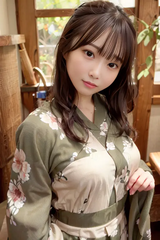 1girl, solo, realistic, brown hair, ((looking at viewer)), lips, brown eyes, miyu kishi,  <lora:Miyu-obentoai-v2:0.79>, smile, (photorealistic:1.4), green ((kimono)), indoor, floral patterns