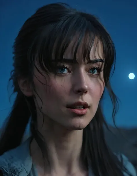 (((masterpiece))), (((best quality))), (1 woman), looking away from viewer, shoulderlong hair, falling on one side, side bangs, (realistic), beautiful face, (sharp focus),(cinematic lighting),(extremely detailed), high contrast, moon surface in back, blue glowing. On the vast, eerily blue-hued lunar landscape, a solitary woman with her shoulder-length hair cascading on one side and intricate side bangs framing her face, looked away from viewer's gaze; her beautifully detailed features sharpened by cinematic lighting and an extreme focus of high contrast, exuding the alluring spirit of a true masterpiece. Di1araa.s <lora:gjvgno18e06a23dacs652:1>