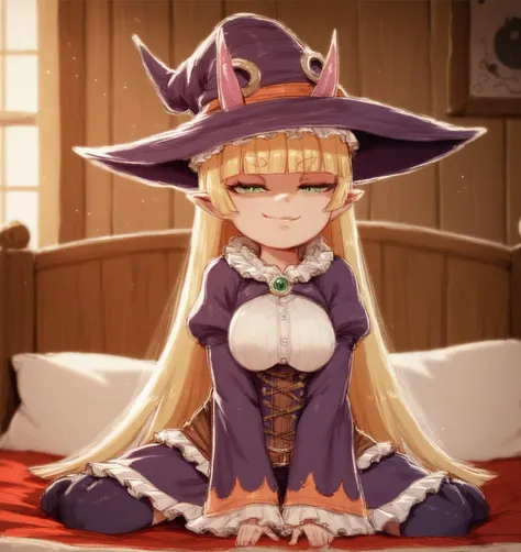 score_9, score_8_up, score_7_up, score_6_up, Detailed Background, BREAK
 <lora:Suki:0.7> suki, 1girl, pointy ears, long hair, blonde, green eyes, breasts, horns, blunt bangs, young, BREAK
Frills, witch hat, smug, bedroom, sitting on bed,