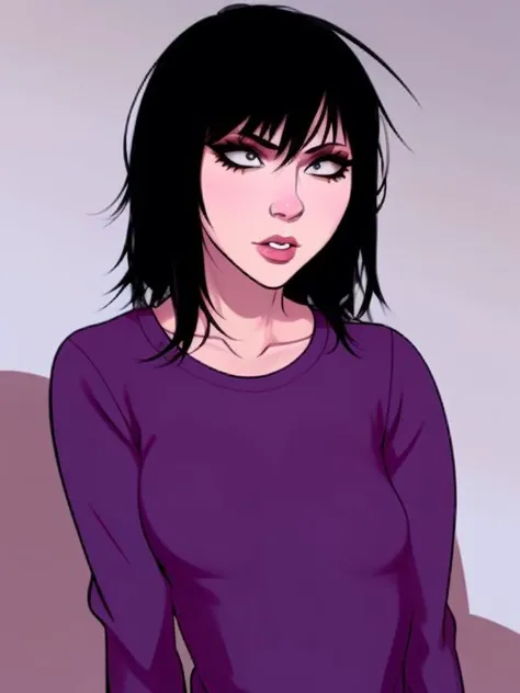 madivy, sweatshirt and jeans, (small breasts), black hair,