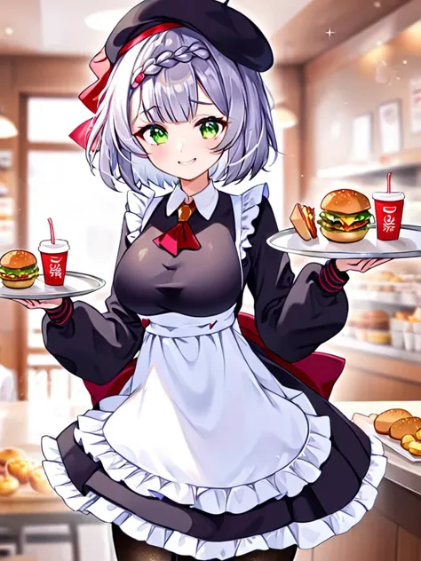 <lora:nuoaierx_xl:0.8>,(\nuo ai er\),1girl,noelle \(genshin impact\),solo,green eyes,official alternate costume,breasts,burger,hat,braid,apron,smile,grey hair,looking at viewer,long sleeves,food,employee uniform,holding,black headwear,beret,bangs,dress,ascot,red ascot,:d,black dress,uniform,tray,puffy sleeves,waist apron,cup,braided bangs,disposable cup,white apron,pantyhose,blurry,short hair,frills,sparkle,indoors,