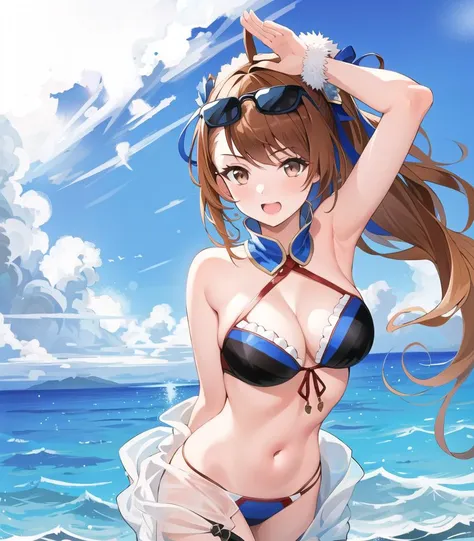 masterpiece, best quality, 1girl, <lora:beatrixGranblue_10:0.8>, beaswim, asymmetrical bangs, brown hair, brown eyes, bikini, blue ribbon, cleavage, eyewear on head, navel, sunglasses, swimsuit, ponytail, large breasts