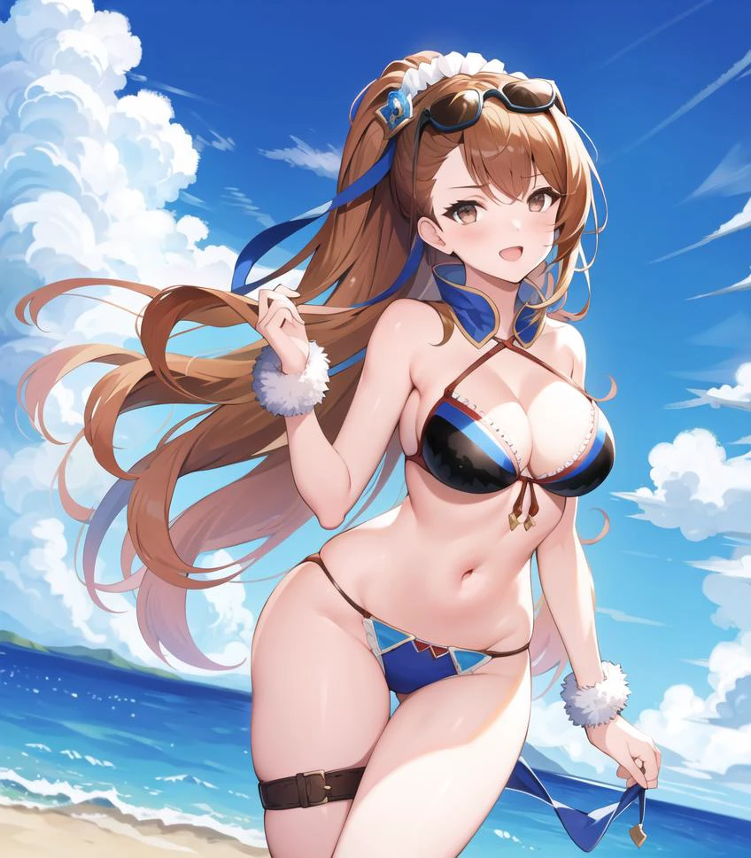 masterpiece, best quality, 1girl, <lora:beatrixGranblue_10:0.7>, beaswim, asymmetrical bangs, brown hair, brown eyes, bikini, blue ribbon, cleavage, eyewear on head, navel, sunglasses, swimsuit, ponytail, large breasts