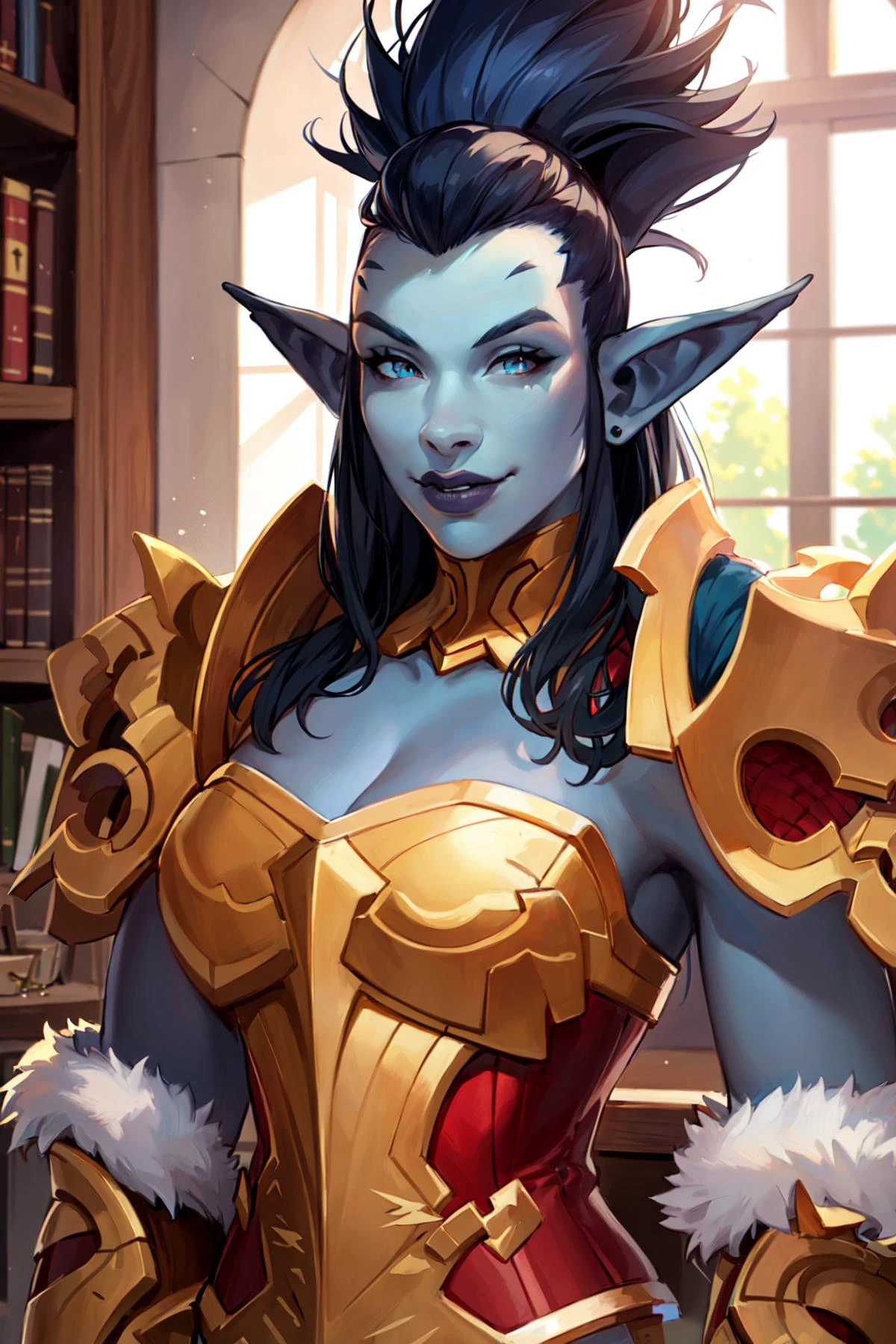 1girl, portrait of beautiful shewowtroll, blue skin, red armor, pauldrons, fur trim, black hair, mohawk, medieval room indoors, window, sunlight, volumetric lighting, best quality, masterpiece, realistic <lora:sxz-trolls-2:0.8>