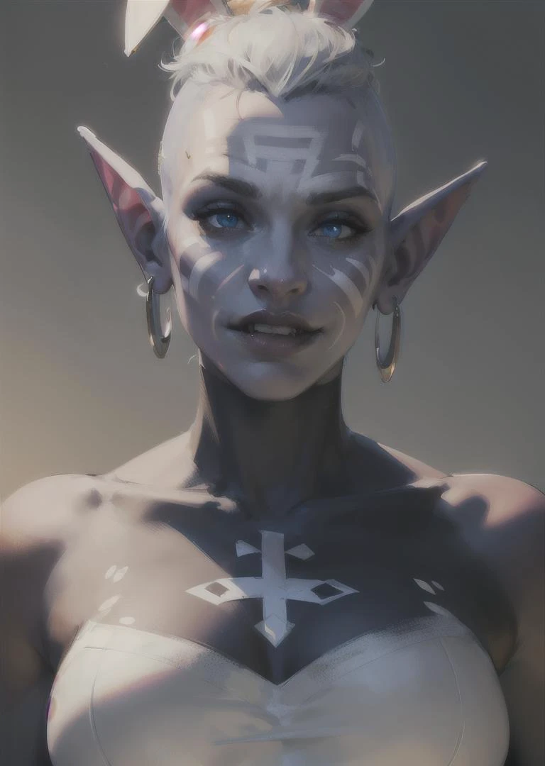 1girl, shewowtroll ,( easter costume:1.3), buzz cut, gradient background, volumetric lighting, best quality, 8k, cinematic lighting, (masterpiece:1.2), (best quality:1.2), perfect face, (perfect eyes:1.3), realistic, muscular, glowing eyes, face paint, fangs, tusks, <lora:sxzTrollsWarcraft_sxzTrolls:0.7>