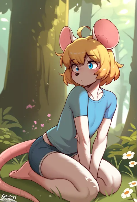 score_9, score_8_up, score_7_up, score_6_up, score_5_up, score_4_up, outdoors, nature, source_furry, forest, grass, flower, dappled sunlight BREAK
<lora:dross_style_ponyXL_v1_resized:1> drosstyle, 1boy, otoko no ko, furry, mouse boy, blonde hair, medium hair, white fur, blue eyes, ahoge, kneeling, shorts, t-shirt