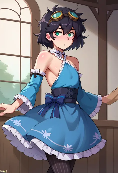 score_9, score_7_up, source_anime, solo, BREAK <lora:dross_style_ponyXL_v1:1> drosstyle, 1boy, green eyes, short hair, black hair, bangs, hair between eyes, messy hair, (goggles on head:1.2),, hair ribbon, frilled choker, criss-cross halter, sleeveless dress, high-waist skirt, backless dress, blue dress, waist blue bow, detached sleeves, frilled sleeves, wide sleeves, blue sleeves, black pantyhose, patterned legwear, pinstripe pantyhose, mary janes, layered dress,