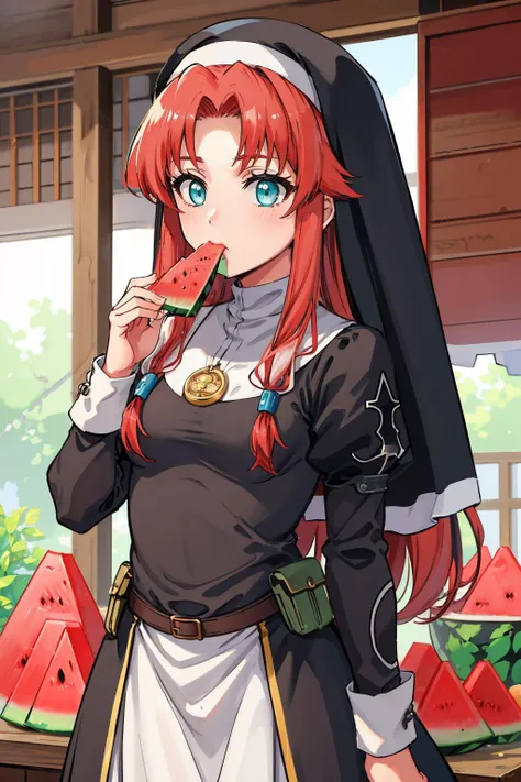 <lora:Ries-08:0.8>, Ries Argent, aqua eyes, red hair, (hair tubes:1.1), hair over shoulder, (sidelocks:1.1), small breasts, nun outfit, long skirt, habit, large gold medallion,
masterpiece, best quality, absurdres, town <lyco:EatingWM:0.8> EatingWM, watermelon, holding watermelon, eating watermelon,