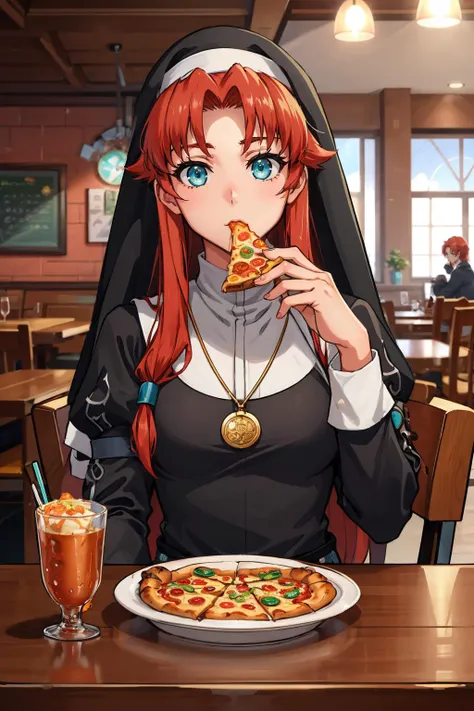 <lora:Ries-08:0.8>, Ries Argent, aqua eyes, red hair, (hair tubes:1.1), hair over shoulder, (sidelocks:1.1), small breasts, nun outfit, long skirt, habit, large gold medallion,
masterpiece, best quality, absurdres, restaurant, sitting, table, eating pizza
