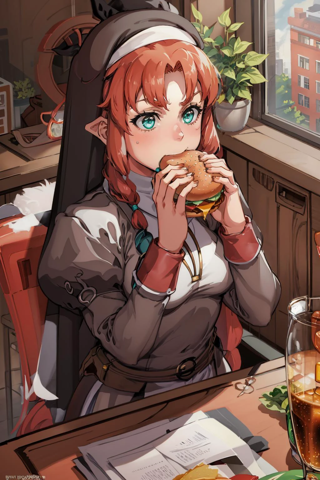 masterpiece, best quality, <lora:Ries-08:0.8> Ries Argent, aqua eyes, red hair, (hair tubes:1.1), hair over shoulder, (sidelocks:1.1), small breasts, nun outfit, upper body, habit, large gold medallion, sitting, <lora:borger-nvwls-ver-2:0.8> eating, holding huge burger with both hands, table, chair, indoors