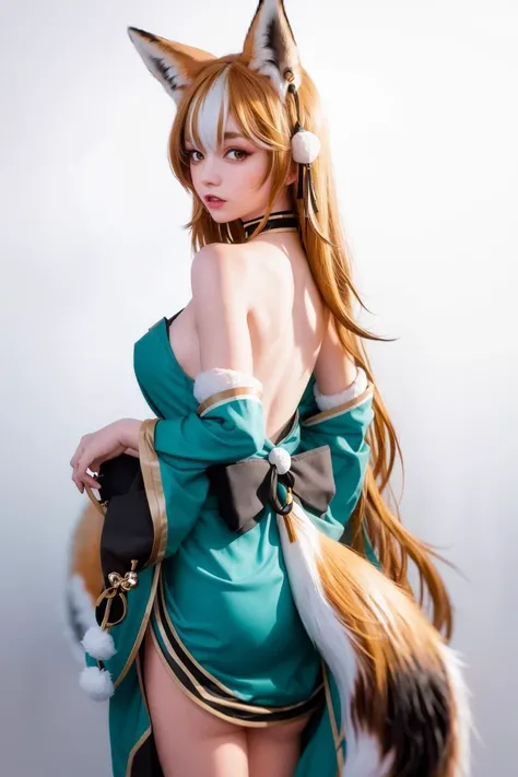 masterpiece, best quality,hina (genshin impact), 1girl, animal ears, solo, japanese clothes,(back:1.2), long hair, (fox tail:1.5),gloves, breasts, brown hair, multicolored hair, pom pom (clothes), blue eyes, black gloves, kimono, dog ears, holding, looking at viewer, streaked hair, bare shoulders