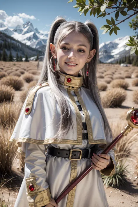 (realistic:1.3), finely detailed, quality, rembrandt lighting, (masterpiece:1.2), (photorealistic:1.2), (best quality), (detailed skin:1.3), (intricate details), dramatic, ray tracing, 1girl, 21 years old, detailed skin texture, (blush:0.5), (goosebumps:0.5), subsurface scattering, smiling, medium breasts, frieren, long hair, pointy ears, twintails, platinum hair, jewelry, elf, earrings, capelet, white capelet, long sleeves, parted bangs, dress, belt, flower, magic staff, holding magic staff, (bright sunny day, wide open field, sky, mountains in the distance), <lora:frieren:1>