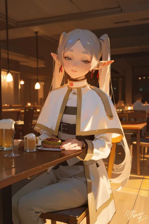 (photorealistic:1.2),best quality, masterpiece,
FRIEREN, LONG HAIR, POINTY EARS, TWINTAILS, JEWELRY, ELF, EARRINGS, CAPELET, WHITE CAPELET, LONG SLEEVES, PARTED BANGS, DRESS, BELT, )Giant hamburger patty:1.5),Wooden beer mug,
fantasy world, a restaurant bustled with many guests during the evening. The warm glow of lights filled the air, casting a cozy ambiance. Wooden dining tables and chairs adorned the space, <lora:flat2:0.7> <lora:dtl11-cnlight:-0.7> <lora:frieren:1>