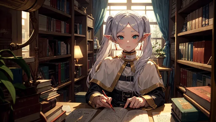 ((masterpiece)), (best quality), library, (soft light, dramatic light, sharp, HDR), 1girl, errant, magical, frieren, long hair, pointy ears, twintails, jewelry, elf, earrings, capelet, white capelet, long sleeves, parted bangs, dress, belt, flower, picking up book, <lora:frieren-10:0.8>, pencil