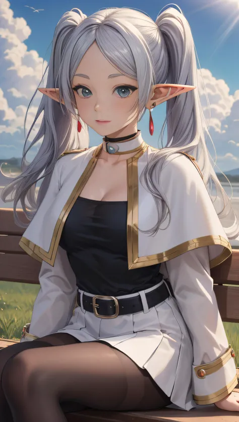 masterpiece, best quality, anime style, high details, 4k, HDR, cinematic lighting, darken filter, (1girl, solo), medieval fantasy town, sitting on bench, (watching clouds, hand in hair, windy), masterpiece, sexy, Frieren, twin tails, earrings, t-shirt, cleavage cutout, white skirt, midriff, belt, black pantyhose, (black colar, red heart, symbol), long hair, collarbone, (teasing posing, lewd facial expression), cloudy sky, sun, light rays, <lora:frieren:0.75>, frieren, long hair, pointy ears, twintails, jewelry, elf, earrings, capelet, white capelet, long sleeves, parted bangs, dress, belt, flower