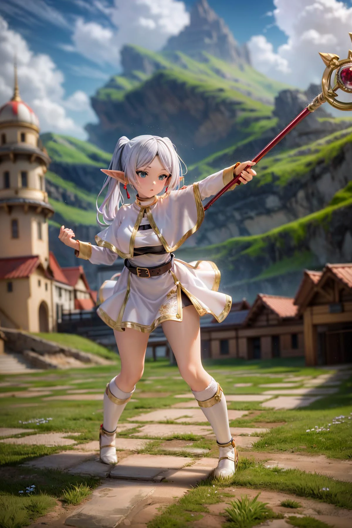 masterpiece, best quality, ultra-detailed, (detailed background, complex background:1.2), (perfect face, detailed face),
(mature female, milf:1.4), small breasts, full-face blush, dual ponytails, sidelocks, expressionless, thighs,
long hair, pointy ears, twintails, jewelry, elf, earrings, capelet, white capelet, long sleeves, parted bangs, dress, one belt, (outdoors, castle),
full body, (staff, raising staff:1.2), fighting stance, cinematic angle,
Alps, (grassland:1.3),
<lora:frieren:1>, frieren,
<lora:more_details:0.2>,
<lora:GoodHands-vanilla:1>,
<lora:shou-v50:0.2>