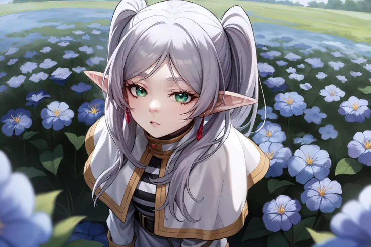 anime, 2d, anime style, (highly detailed:1.2), (highres:1.2),  (high angle shot:1.2), wide shot,  from above, full body, from behind, small breasts, standing, FrierenBase, twintails, earrings, white capelet, striped shirt, white skirt, long sleeves, belt, black pantyhose, (perfect face, detailed face), parted lips, (mature female, milf:1.4),  (stay into sky :1.4), solo, field of blue flowers, blue flowers,
<lora:Mild_detail_adjusterV10:0.2> <lyco:GoodHands-beta2:1.0> <lyco:[LoConLoRA] pseudo-daylight偽日光 Concept:0.2> <lora:LowRA:0.2> <lora:Frieren:0.8>