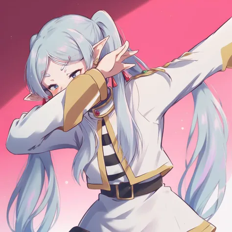 <lora:frieren-10:1>, frieren, 1girl, long hair, pointy ears, twintails, jewelry, elf, earrings, parted bangs, flower, serious, crossed arms, blushing, from below, (((dab dance))), <lora:concept_dabdance:.8>