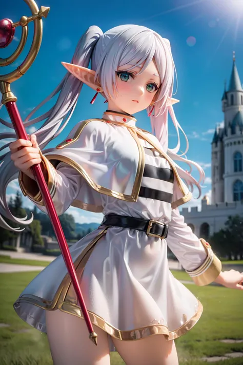 masterpiece, best quality, ultra-detailed, (detailed background, complex background:1.2), (perfect face, detailed face),
(mature female, milf:1.4), small breasts, full-face blush, expressionless, thighs,
long hair, pointy ears, twintails, jewelry, elf, earrings, capelet, white capelet, long sleeves, parted bangs, dress, one belt, (outdoors, castle),
cowboy shot, (staff, outstretched arm, outstretched arm, outstretched hand, holding staff:1.2), fighting stance, cinematic angle,
day, sunny, blue sky, 
<lora:frieren:1>, frieren, 
<lora:more_details:0.2>,
<lora:zoom_slider_v1:-2>,