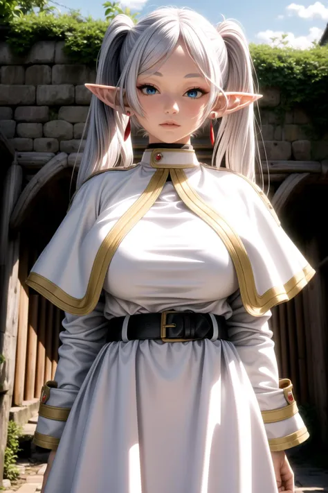 nsfw, (masterpiece, best quality, unity 8k wallpaper, highres), ambient light, (ultra-super-beautiful-detailed hair face kind-eyes skin, very slender:1.4), (perfect arm and hands, perfect anatomy), BREAK
1girl, solo, <lora:frieren:1>, <lora:more_details:0.4>, vely-long sagging doropping gigantic breasts, frieren, long hair, pointy ears, twintails, jewelry, elf, earrings, capelet, white capelet, long sleeves, parted bangs, dress, belt, flower, BREAK
middle ages, village, taking a walk, day, cowboy shot, aroused, in heat