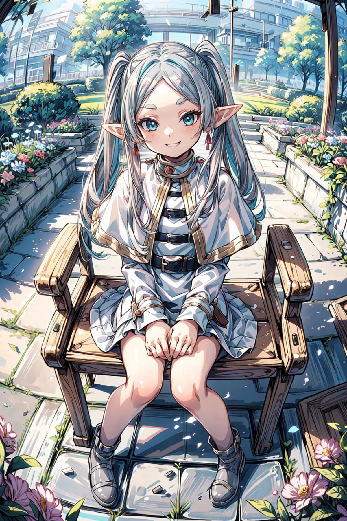 <lora:frieren:0.9>, frieren, pointy ears, twintails, jewelry, elf, earrings, capelet, white capelet, long sleeves, parted bangs, dress, belt, flower,
(cute:1.1,solo, 1girl), (smirk smile), (full body:1.4), soft light, sitting,
perfect(face ,eyes , nose, hands , arms), detailed fingers, extremely detailed eyes and face, beautiful detailed nose, beautiful detailed eyes, idol vibes, extremely detailed, CG, 8k wallpaper, Amazing, finely detail, (masterpiece:2.0, best quality), (intricate details, depth of field), beautiful detailed girl, glossy pink lips, aqua eyes, ((long hair:1.1), (colorful gradient multi-colored sliver grey hair)), elegant , (<lora:cozy animation scenes_20230824111332:0.65>, cozy, animation scenes, scenery, rock chair , PIXIV, outdoors, garden), (wide, fisheye angle view), <lora:more_details:0.55>,