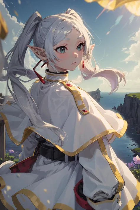 masterpiece,best quality,1girl,frieren,long hair,pointy ears,twintails,parted bangs,elf,jewelry,earrings,capelet,white capelet,long sleeves,dress,belt,flower,expressionless,standing,looking afar,cliff,wind,from side,cowboy shot,<lora:frieren:0.9>,