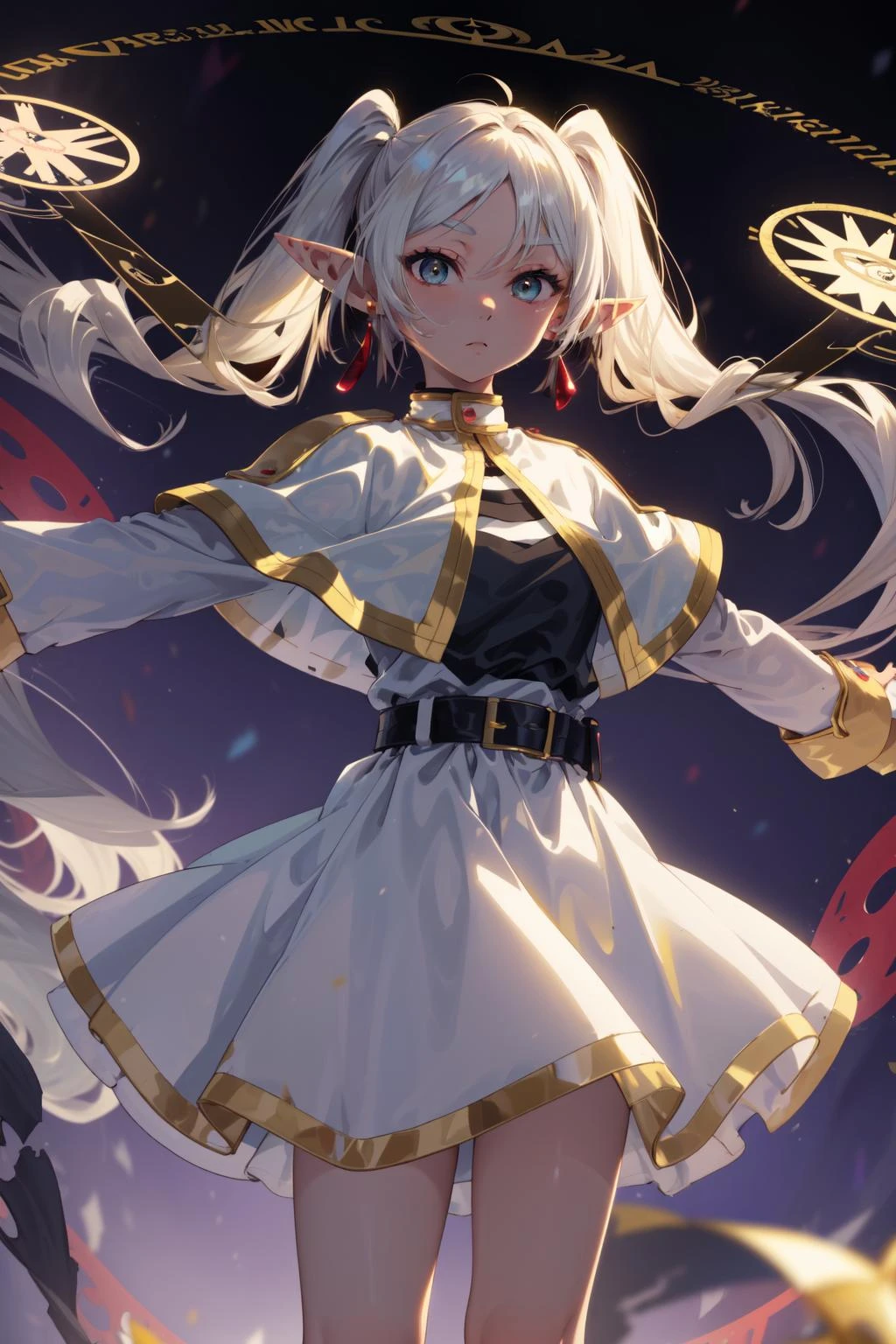 masterpiece,best quality,1girl,frieren,long hair,pointy ears,twintails,parted bangs,elf,jewelry,earrings,capelet,white capelet,long sleeves,dress,belt,flower,expressionless,standing,(outstretched arms,reaching out),floating hair,(magic circle:1.1),glowing,cowboy shot,<lora:frieren:0.8>,