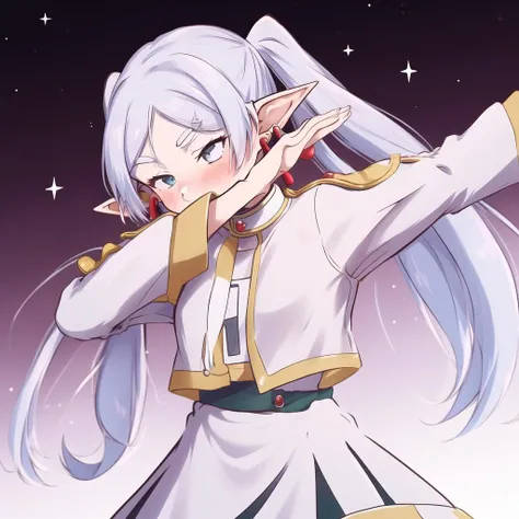 <lora:frieren-10:1>, frieren, 1girl, long hair, pointy ears, twintails, jewelry, elf, earrings, parted bangs, flower, serious, crossed arms, blushing, from below, (((dab dance))), <lora:concept_dabdance:.8>