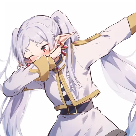 <lora:frieren-10:1>, frieren, 1girl, long hair, pointy ears, twintails, jewelry, elf, earrings, parted bangs, flower, serious, crossed arms, blushing, from below, (((dab dance))), <lora:concept_dabdance:.8>