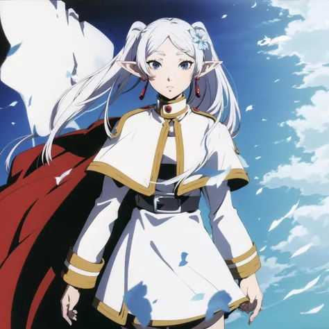 <lora:soejima_shigenori:.6> soejima shigenori, <lora:frieren-10:1> frieren, long hair, pointy ears, twintails, jewelry, elf, earrings, capelet, white capelet, long sleeves, parted bangs, dress, belt, flower, 1girl