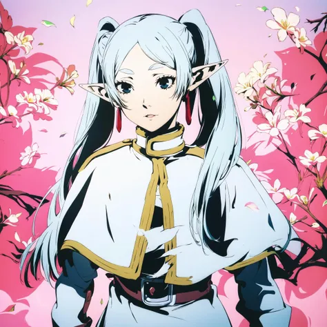 <lora:soejima_shigenori:.6> soejima shigenori, <lora:frieren-10:1> frieren, long hair, pointy ears, twintails, jewelry, elf, earrings, capelet, white capelet, long sleeves, parted bangs, dress, belt, flower, 1girl