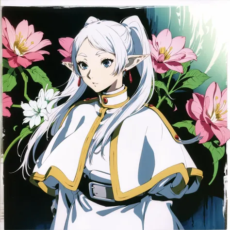 <lora:soejima_shigenori:.6> soejima shigenori, <lora:frieren-10:1> frieren, long hair, pointy ears, twintails, jewelry, elf, earrings, capelet, white capelet, long sleeves, parted bangs, dress, belt, flower, 1girl