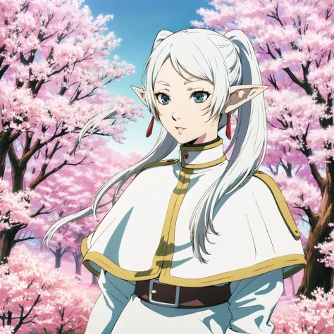 <lora:soejima_shigenori:.6> soejima shigenori, <lora:frieren-10:1> frieren, long hair, pointy ears, twintails, jewelry, elf, earrings, capelet, white capelet, long sleeves, parted bangs, dress, belt, flower, 1girl
