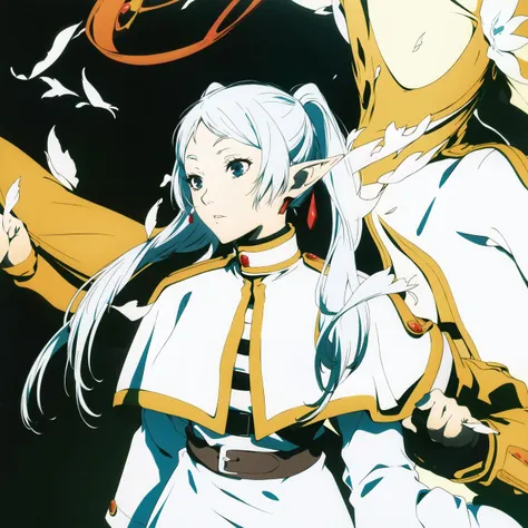 <lora:soejima_shigenori:.6> soejima shigenori, <lora:frieren-10:1> frieren, long hair, pointy ears, twintails, jewelry, elf, earrings, capelet, white capelet, long sleeves, parted bangs, dress, belt, flower, 1girl