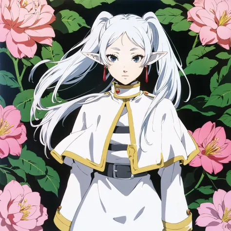 <lora:soejima_shigenori:.6> soejima shigenori, <lora:frieren-10:1> frieren, long hair, pointy ears, twintails, jewelry, elf, earrings, capelet, white capelet, long sleeves, parted bangs, dress, belt, flower, 1girl