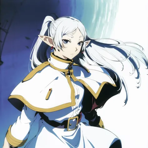 <lora:soejima_shigenori:.6> soejima shigenori, <lora:frieren-10:1> frieren, long hair, pointy ears, twintails, jewelry, elf, earrings, capelet, white capelet, long sleeves, parted bangs, dress, belt, flower, 1girl