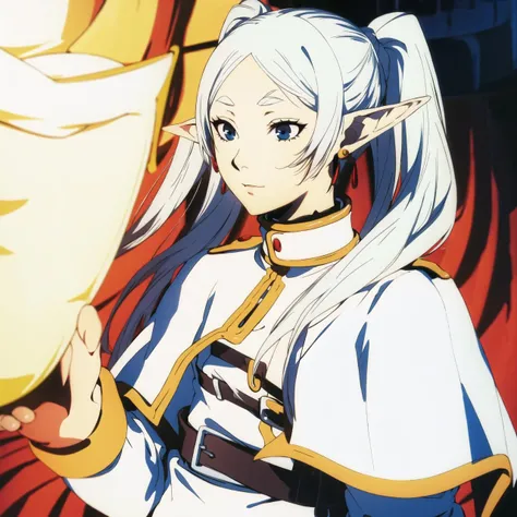 <lora:soejima_shigenori:.6> soejima shigenori, frieren, long hair, pointy ears, twintails, jewelry, elf, earrings, capelet, white capelet, long sleeves, parted bangs, dress, belt, flower <lora:frieren-10:1>