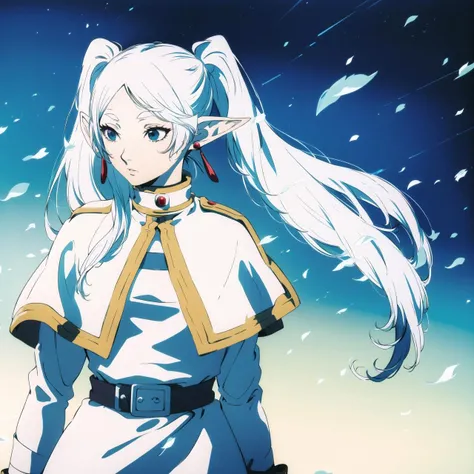<lora:soejima_shigenori:.6> soejima shigenori, <lora:frieren-10:1> frieren, long hair, pointy ears, twintails, jewelry, elf, earrings, capelet, white capelet, long sleeves, parted bangs, dress, belt, flower, 1girl