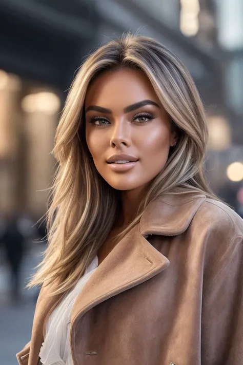 photo of S243_LizaDriati,a stunning woman,in a (city:1.1),wearing a (suede-coat:1.1),cityscape,(4k, RAW photo, best quality, depth of field, ultra high res:1.1),(absurdres, intricate, photorealistic, masterpiece, ultra-detailed:1.2),
