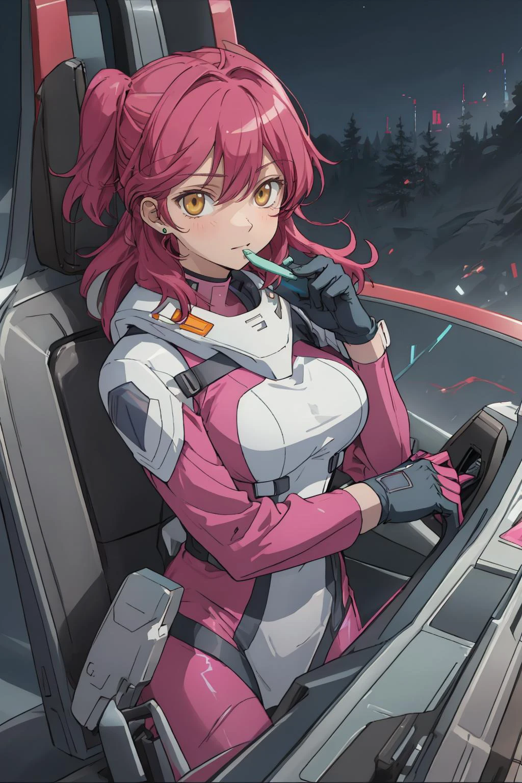 masterpiece, best quality, absurdres, nena trinity  1girl, yellow eyes, red hair, (freckles:0.7), earrings, medium breasts <lora:breastsizeslideroffset:0.2>, pink bodysuit, bodysuit, pink gloves, BREAK nice hands, perfect hands, beaufitul hand, beautiful finger, BREAK (cockpit:1.3), starry sky, tele shot, (perfect anatomy), cowboy shot, [Cinematic lighting|Volumetric Lighting], looking at viewer ,
<lora:Nena_Trinity:0.7> nena trinity