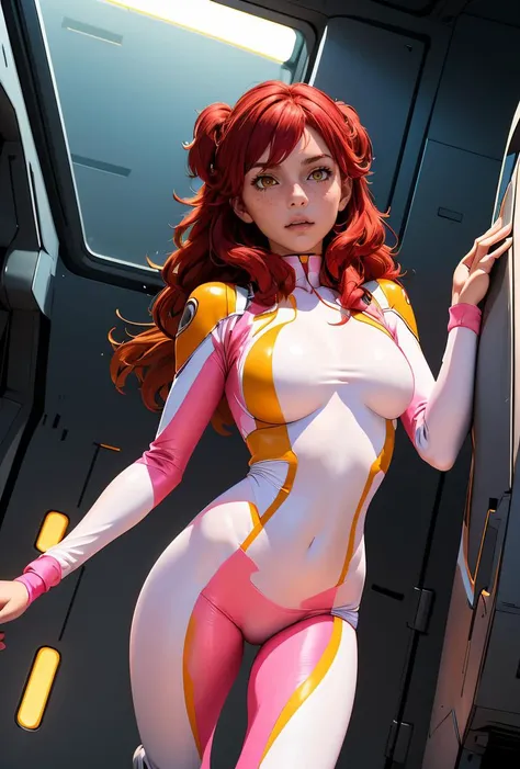 (masterpiece, best quality), 1girl, <lora:Nena_Trinity:0.8> nena trinity, red hair, (freckles:0.7), yellow eyes, (two side up), long hair, white bodysuit, pilot suit, (pink bodysuit, pilot suit:1.2), midriff, sleeveless, navel, crop top, white shorts, bike shorts
