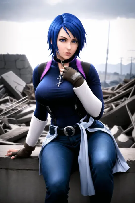 (solo), masterpiece, best quality, ultra-detailed, extremely detailed face, hyper detailed, hires, (realistic), beautiful, aqua \(kingdom hearts\), kingdom hearts, kingdom hearts birth by sleep, 1girl, (adult), (mature), beautiful, perfect lighting, standing, slender face, broad shoulders, close up, xenovia quarta dxd, blue eyes, multicolored hair, blue hair, spikey hair, ((chest strap)), armored, platform shoes, (skirt), (waist high skirt), (detached sleeves), elbow gloves, fingerless gloves, (split shirt), zippers, (neck collar, shirt collar), (studded jeans, black jeans, rugged pants, jeans), necklace pendant, (belt, big belt, thick belt), chains, belt chain, knee pads, legs, (dxd outfit:1.4), beautiful face, plump lips, big breasts, fake breasts, voluptuous body, parted lips, (nobara_jjk), brown hair, short hair, (school uniform), sitting on rubble, (asukakazamams:0.8),<lora:nobaraJujutsuKaisen_v1:.65><lora:aqua:.6><lora:asukaKazamaTekken_1:.4> <lora:dxdAllGirlsGasperRiasSonaAkenoAsiaTsubaki_dxd:.1>