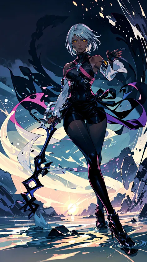 sehele style, <lora:sehele:0.4>, aqua \(kingdom hearts\), 1girl, absurdres, aura, corruption, dark-skinned female, dark aura, dark skin, detached sleeves, glowing, glowing eyes, grey hair, yellow eyes, highres, shorts, (((holding keyblade))), kingdom hearts, kingdom hearts iii, looking to the side, serious, short hair, solo, <lora:aqua:0.7>, (((cowboy shot))), (((dynamic pose))), (masterpiece, best quality, ultra detailed, beautiful illustration), atmospheric perspective, depth of field, beautiful detailed eyes, anime eyes:1.4, dynamic pose, dynamic angle, (outdoors, sea beach at night), 1girl, 8k, 16k, trending on pixiv, fanbox, skeb, masterpiece, detailed face, digital painting, <lora:Seunghee_Lee_Style_SDXL:0.7>