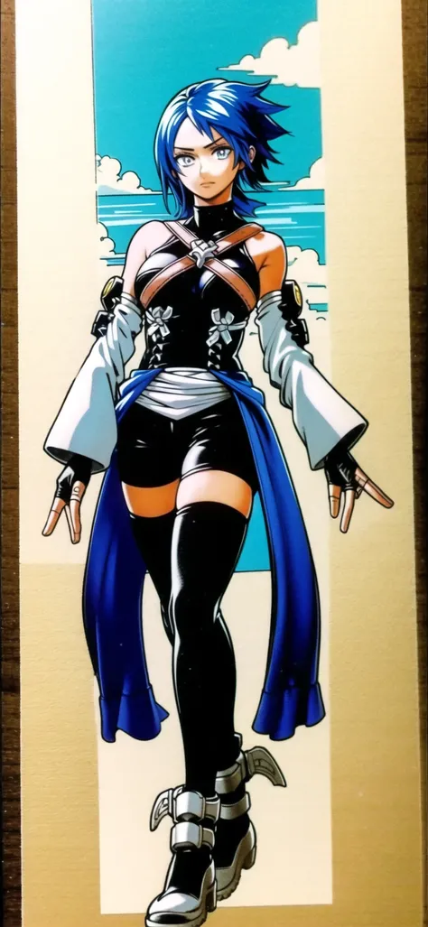 masterpiece, best quality, 1girl, solo, full body, aqua \(kingdom hearts\), blue hair, chest strap, elbow gloves, gloves, skirt, wide sleeves, medium breasts, detatched sleeves, black shorts, fingerless gloves, thighhighs