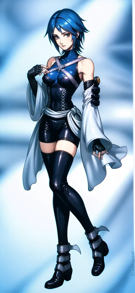 masterpiece, best quality, 1girl, solo, full body, aqua \(kingdom hearts\), blue hair, chest strap, elbow gloves, gloves, skirt, wide sleeves, medium breasts, detatched sleeves, black shorts, fingerless gloves, thighhighs