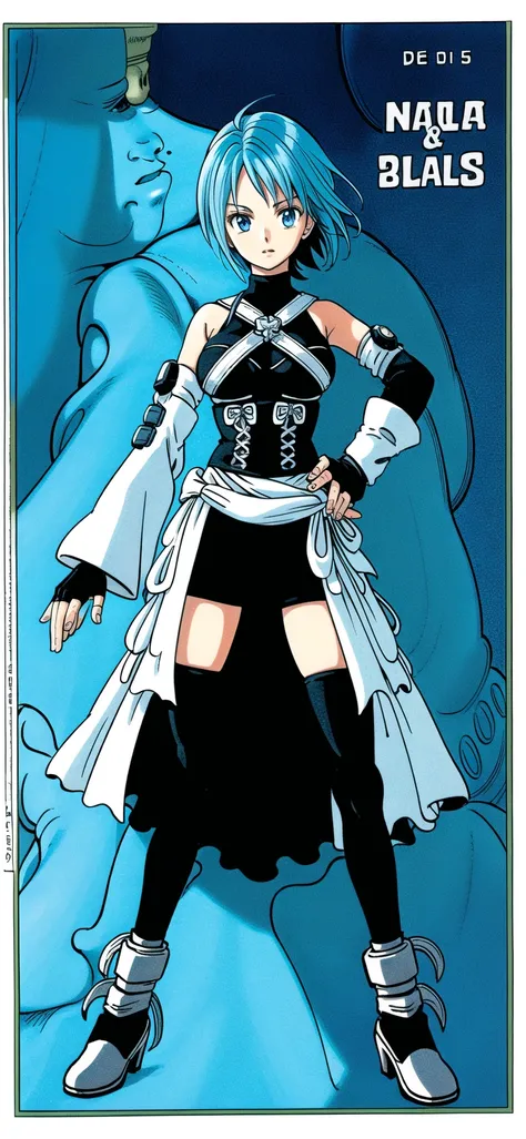 masterpiece, best quality, 1girl, solo, full body, aqua \(kingdom hearts\), blue hair, chest strap, elbow gloves, gloves, skirt, wide sleeves, medium breasts, detatched sleeves, black shorts, fingerless gloves, thighhighs