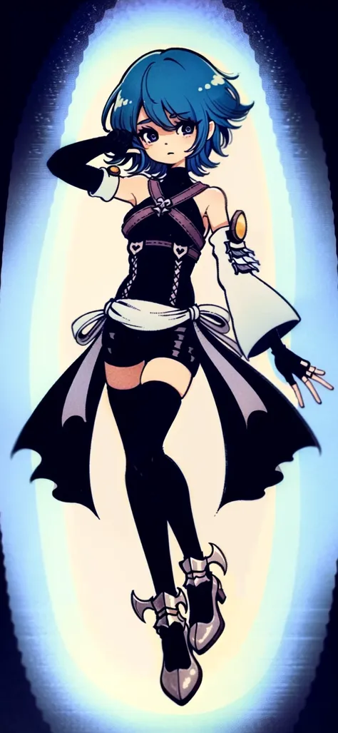 masterpiece, best quality, 1girl, solo, full body, aqua \(kingdom hearts\), blue hair, chest strap, elbow gloves, gloves, skirt, wide sleeves, medium breasts, detatched sleeves, black shorts, fingerless gloves, thighhighs