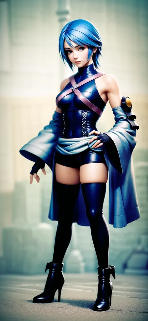 masterpiece, best quality, photorealistic, (hyperrealistic:1.1), 1girl, solo, full body, aqua \(kingdom hearts\), blue hair, chest strap, elbow gloves, gloves, skirt, wide sleeves, medium breasts, detatched sleeves, black shorts, fingerless gloves, thighhighs